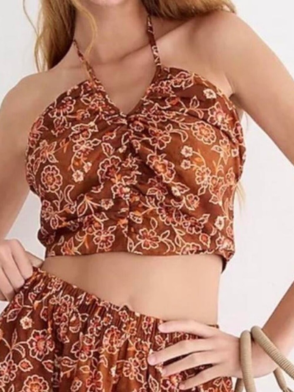 J. Crew Brown Floral Halter Crop Top